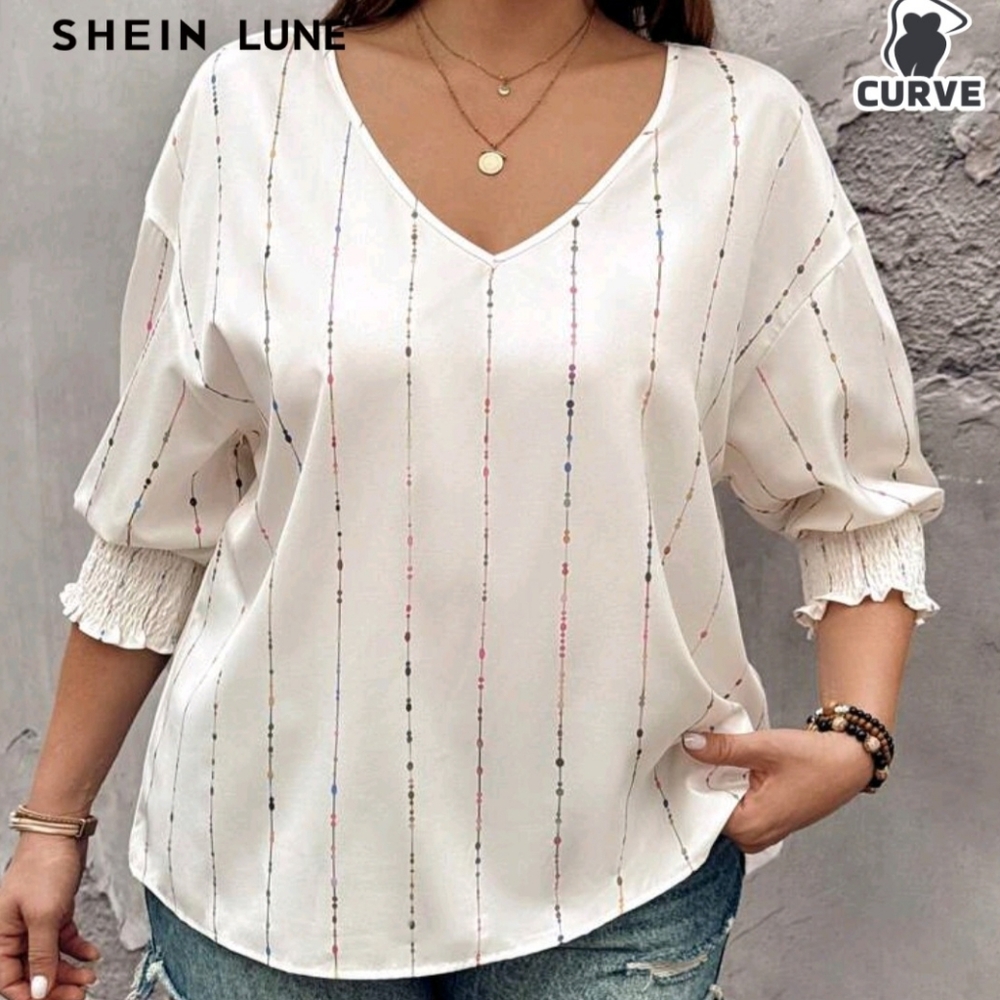 SHEIN Lune White V-Neck Blouse with Colorful Stripes